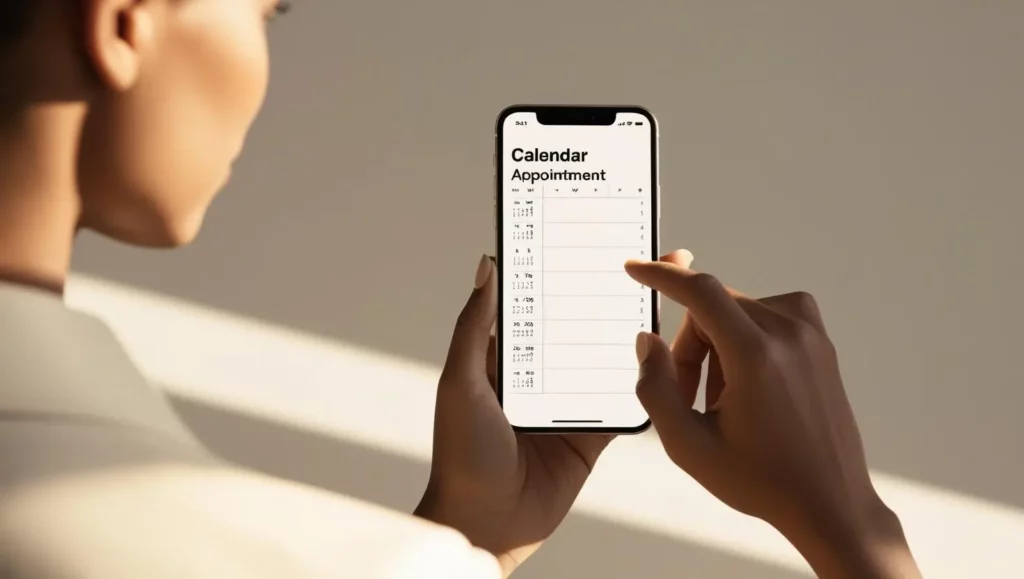 Eine Person hält ein Smartphone in der Hand und überprüft oder plant Termine in einer digitalen Kalender-App. Der Bildschirm zeigt eine Liste von Terminen unter der Überschrift „Calendar Appointment“. Die Szene ist minimalistisch und modern gestaltet, mit natürlichem Lichteinfall.