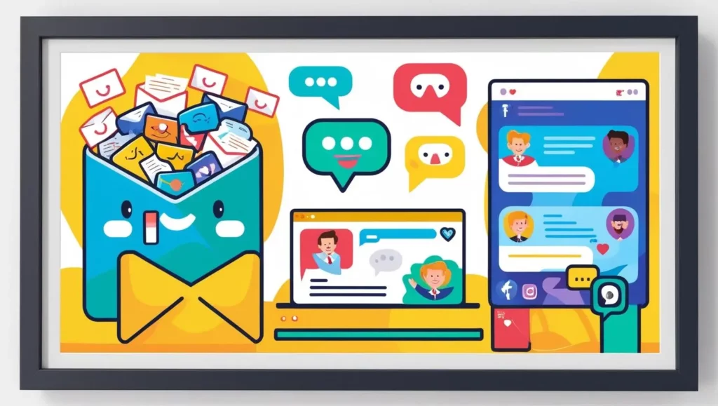 Eine bunte Illustration, die verschiedene Kommunikationskanäle im Kundenservice zeigt. Links ist ein gezeichnetes Symbol für eine E-Mail-Inbox mit vielen lächelnden Nachrichten zu sehen. In der Mitte befinden sich Chatblasen, die Gespräche repräsentieren, und rechts werden soziale Medien und Chat-Interfaces auf Bildschirmen dargestellt.