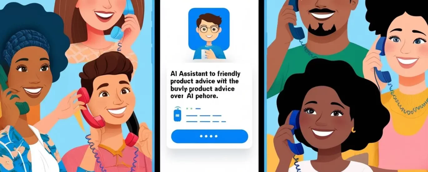 Eine Illustration mit fröhlichen Menschen, die bunte Telefone benutzen, und einem Smartphone in der Mitte, das einen KI-Assistenten anzeigt, der freundliche Produktberatung bietet.