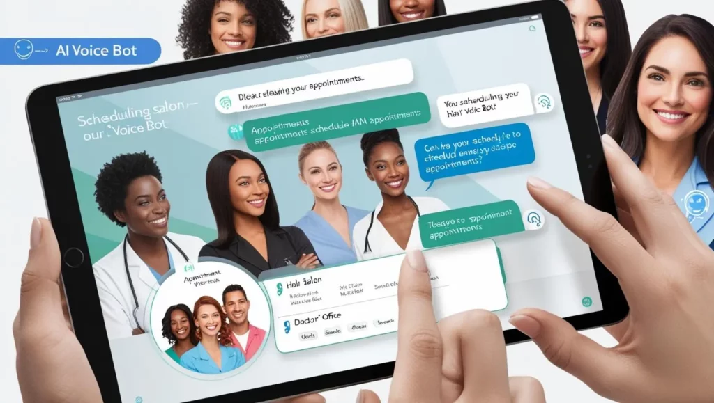 Tablet mit einer Benutzeroberfläche zur KI-gestützten Terminvereinbarung, umgeben von lächelnden medizinischen Fachkräften und Stylisten. Chatblasen zeigen Dialoge zwischen Nutzern und dem virtuellen Assistenten. Der Fokus liegt auf der intuitiven Terminverwaltung.