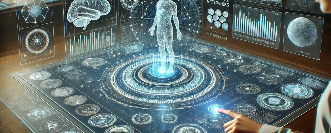 Ein futuristisches digitales Suchsystem mit einer holografischen Benutzeroberfläche. Ein Nutzer interagiert mit der KI-gesteuerten Suche, während im Hintergrund eine visuelle Darstellung neuronaler Netzwerke und Datenanalysen zu sehen ist.