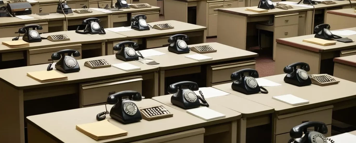 1️⃣ Leeres Callcenter mit zahlreichen Telefonen – Automatisierung durch KI als Lösung für den Fachkräftemangel im Kundenservice. 2️⃣ Veraltete Kundenservice-Infrastruktur mit Telefonen – Künstliche Intelligenz als moderne Alternative zur Effizienzsteigerung. 3️⃣ Büro voller unbesetzter Arbeitsplätze mit Telefonen – KI-gestützte Sprachassistenten als Lösung für den Personalmangel im Kundenservice.