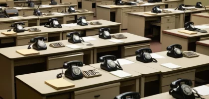 1️⃣ Leeres Callcenter mit zahlreichen Telefonen – Automatisierung durch KI als Lösung für den Fachkräftemangel im Kundenservice. 2️⃣ Veraltete Kundenservice-Infrastruktur mit Telefonen – Künstliche Intelligenz als moderne Alternative zur Effizienzsteigerung. 3️⃣ Büro voller unbesetzter Arbeitsplätze mit Telefonen – KI-gestützte Sprachassistenten als Lösung für den Personalmangel im Kundenservice.