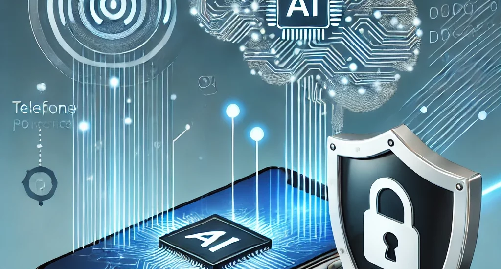 Ein digitales Konzeptbild zur KI-gestützten Telefonie und DSGVO. Links ein Smartphone mit ausgehenden Schallwellen, in der Mitte ein abstraktes KI-Symbol, das die Datenverarbeitung darstellt, und rechts ein Sicherheitsschild mit Schloss als Symbol für Datenschutz und DSGVO. Blaue und weiße Farbtöne mit modernen Linien verdeutlichen den digitalen Prozess.