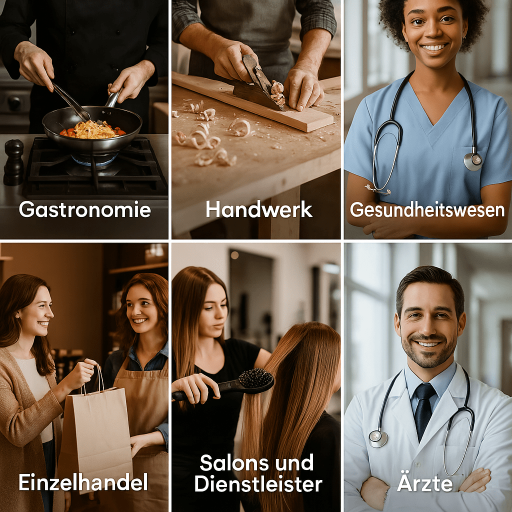 Sechs Kacheln mit Bildern aus verschiedenen Branchen: Gastronomie, Handwerk, Gesundheitswesen, Einzelhandel, Salons und Dienstleister sowie Ärzte. Jede Kachel zeigt eine Person bei der Arbeit in typischer Umgebung.